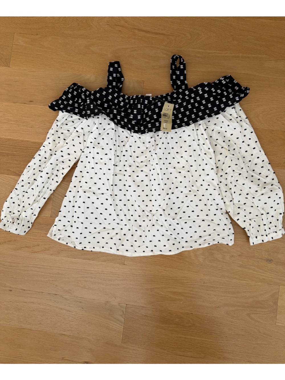 LOFT White and Black Polka Dot Off-Shoulder Top
